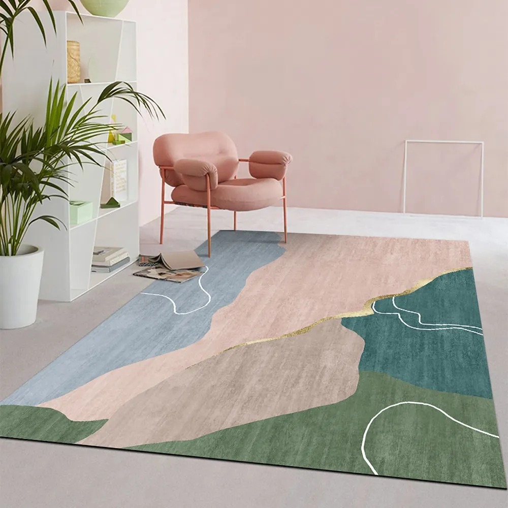 

Modern Abstract Pink and Gold Rug Rectangle 5' x 7' Indoor Area Rug in Style A