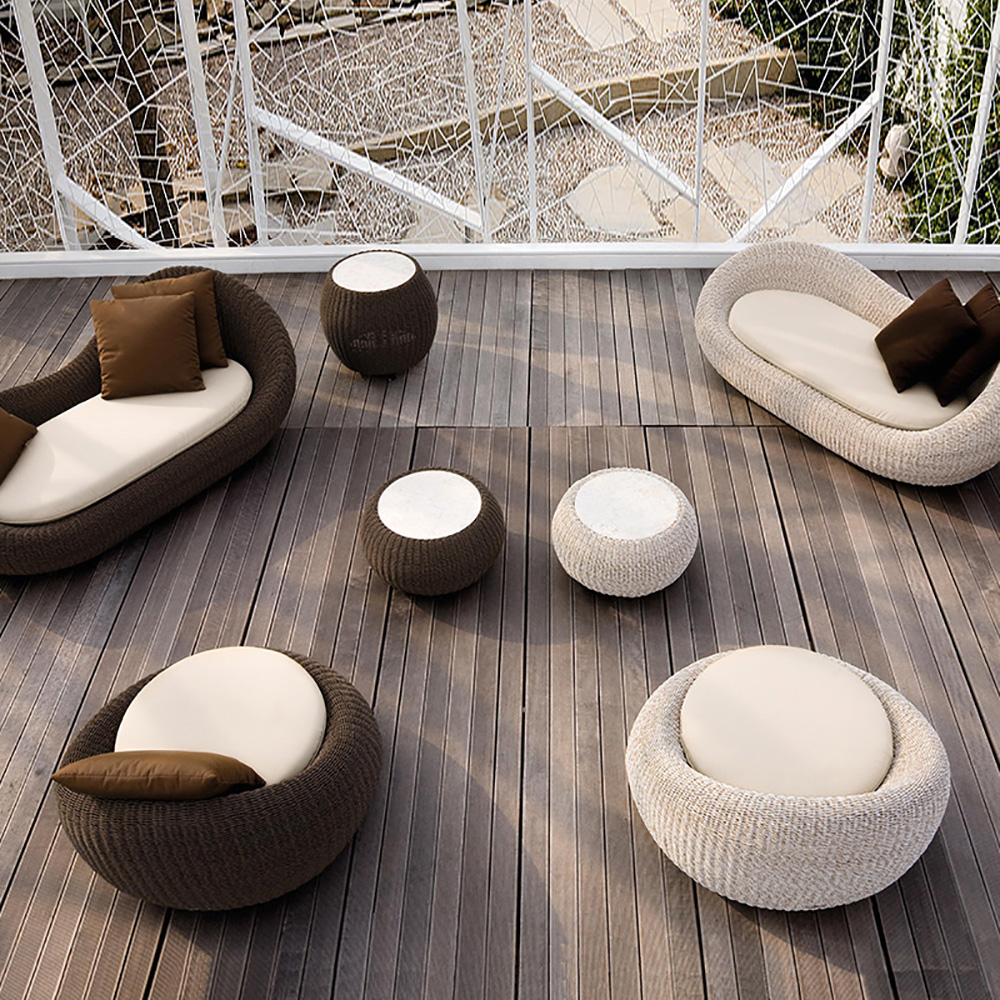 Brown Woven Rattan Round Outdoor Sofa with Cushion & Pillow and Curved Back