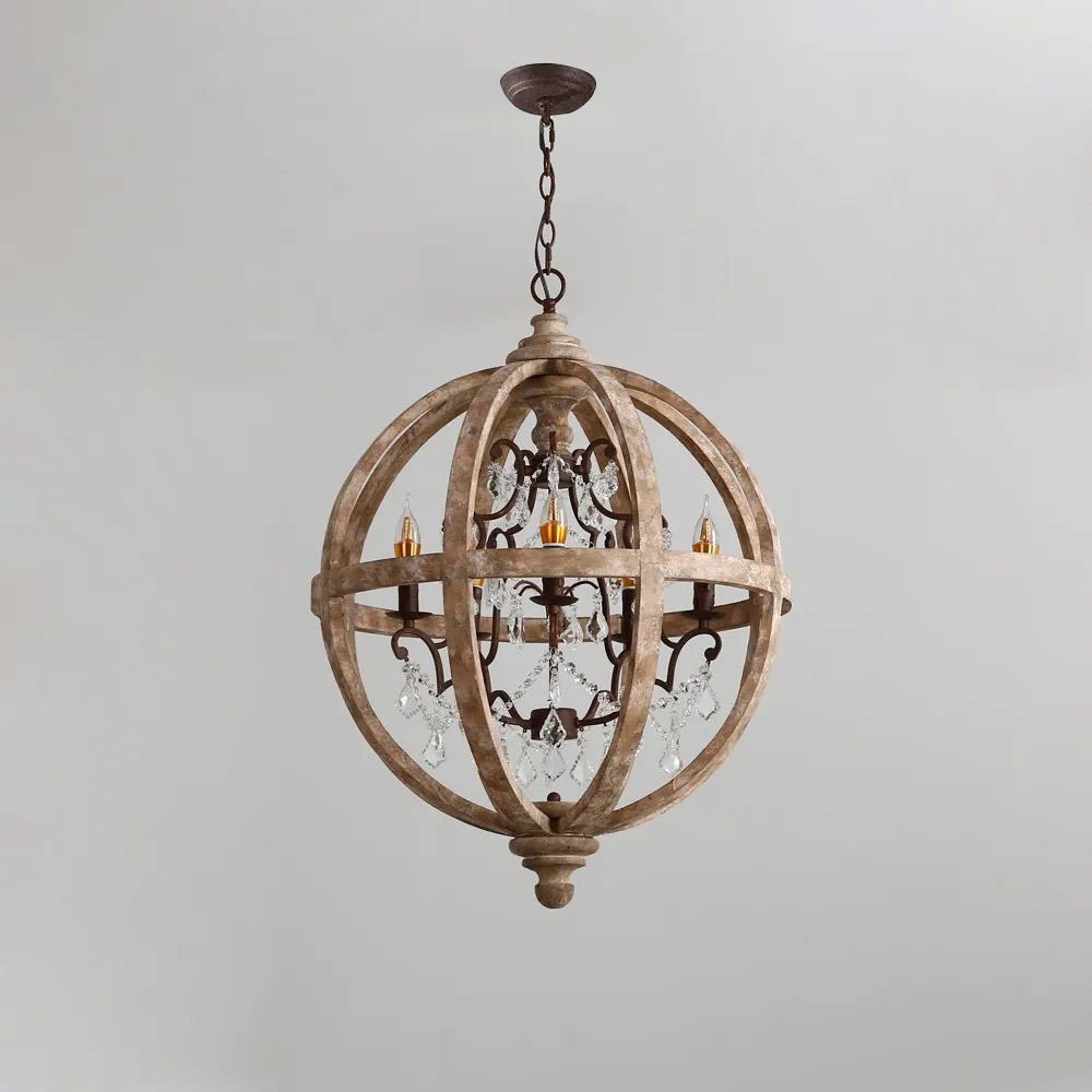 Retro Rustic Weathered Wooden Globe Caged Rust Metal Scroll Crystal 5-Light Chandelier