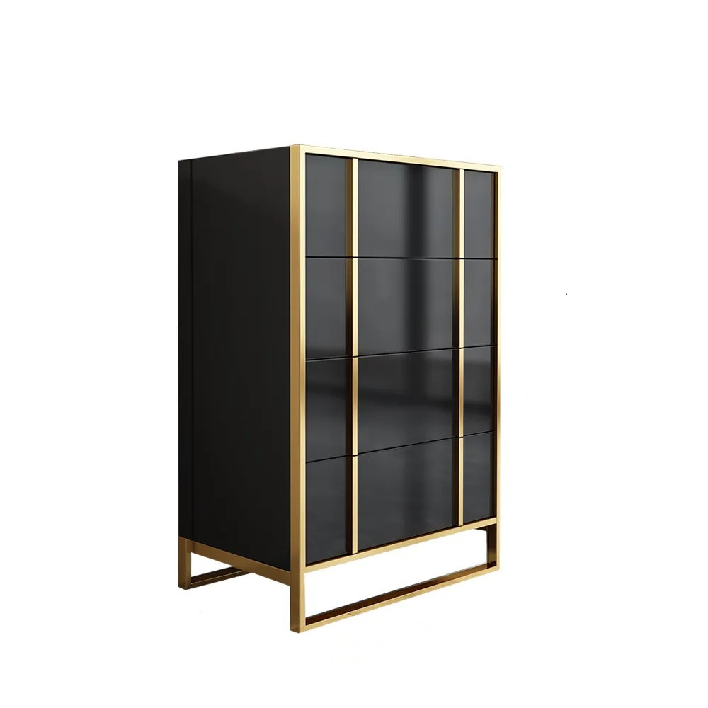 Modern Black & Gold Wooden Chest of 4 Drawers with Stainless Steel Legs