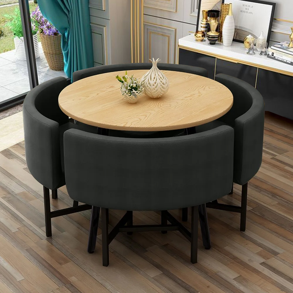 1000mm Round Wooden Small Nesting Dining Table Set for 4 Grey Upholstered Chairs