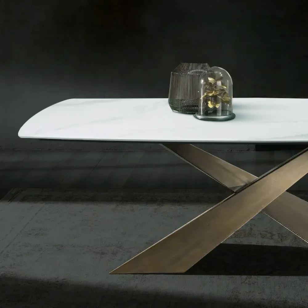 2000mm White Stone Top Rectangle Modern Dining Table for 8 Person Antique Brass X-Base