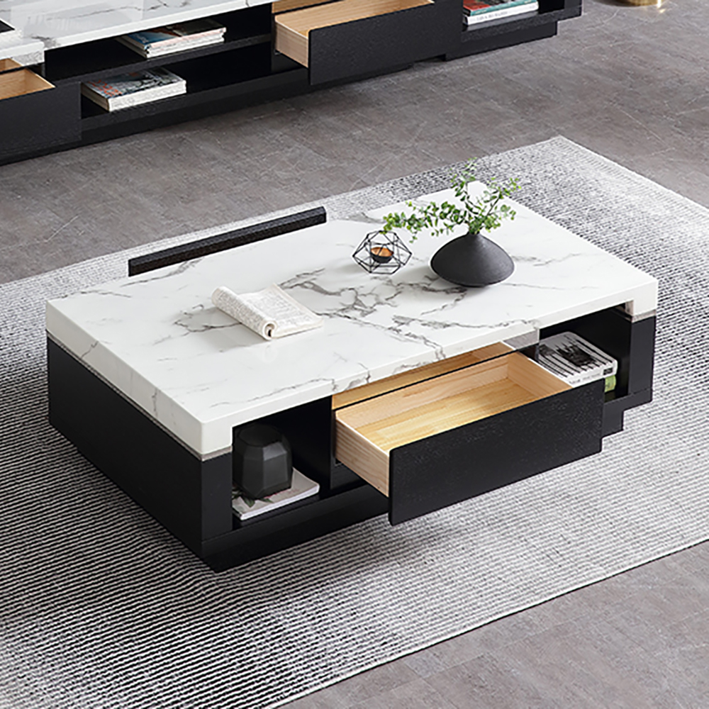 Modern Marble Coffee Table Black And White With Storage And Drawers In Wood Living Room Furniture