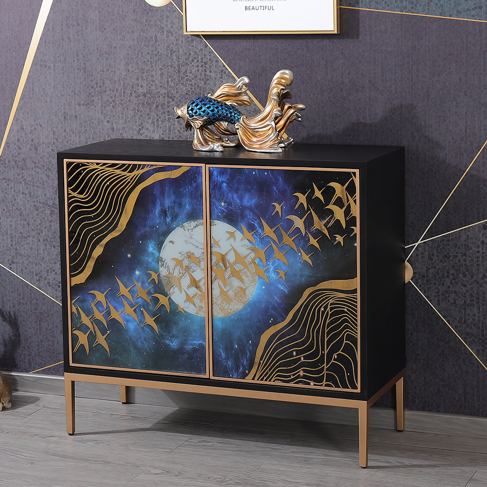 

Modern Black Sideboard Buffet 2 Stained Glass Doors Accent Cabinet Gold Finish
