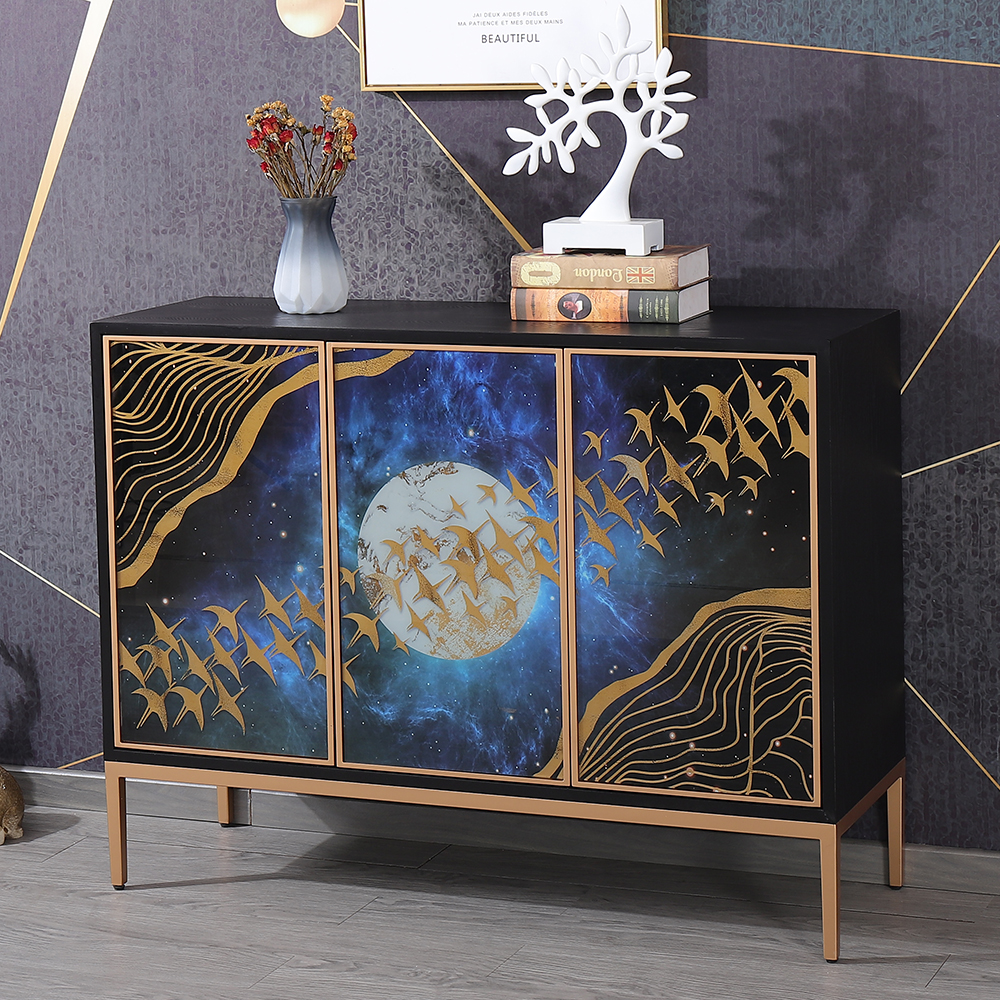 

Novelty Buffet Black Stained Glass 3 Doors Sideboard Cabinet in Small