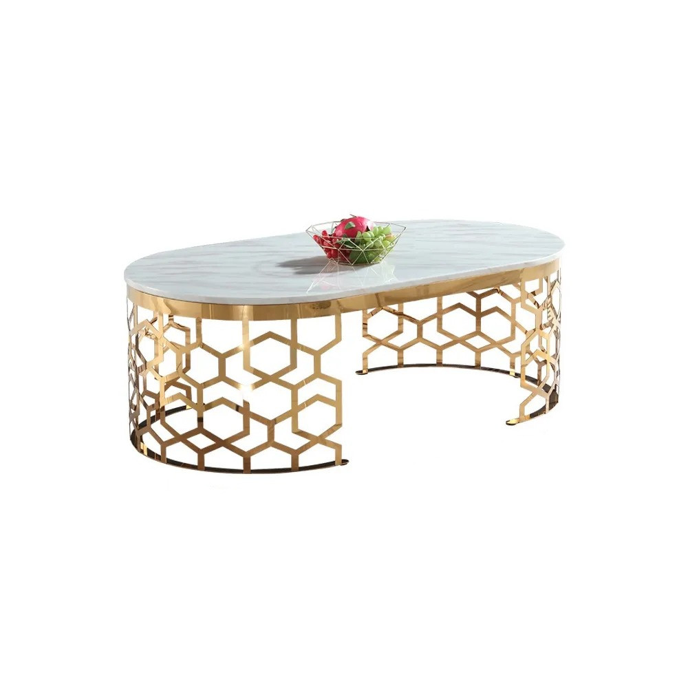 Modern Oval Coffee Table Marble Top with Stainless Steel Frame