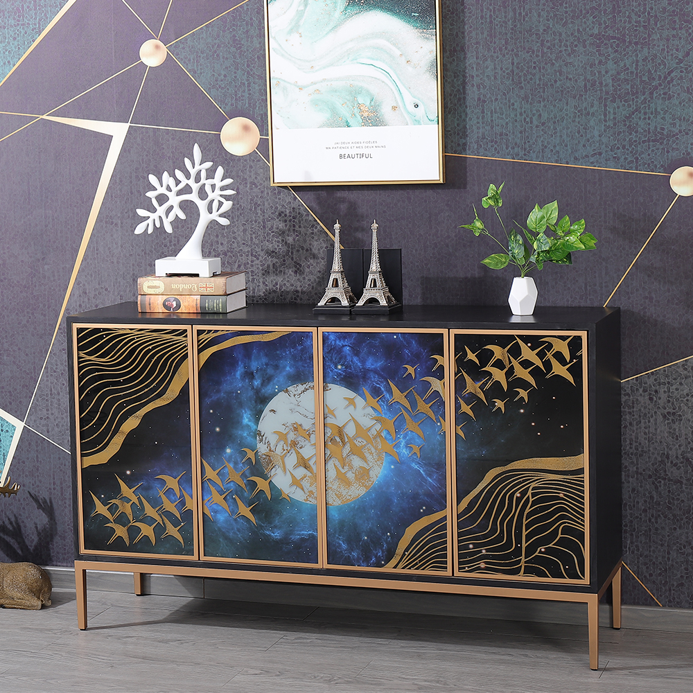 

Novelty Buffet Black Stained Glass 4 Doors Sideboard Cabinet in Large
