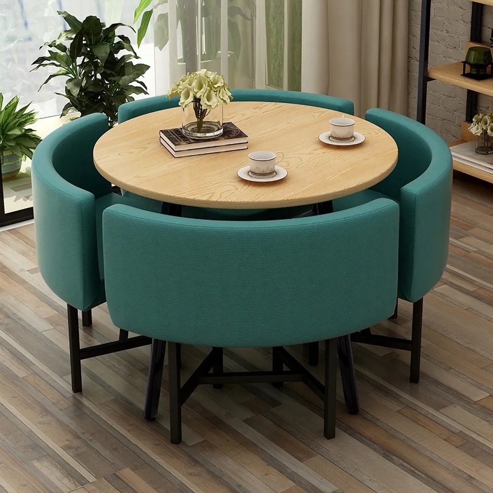 Ensemble de table de salle à manger gigogne ronde en bois de 1000 mm pour 4 chaises rembourrées vertes