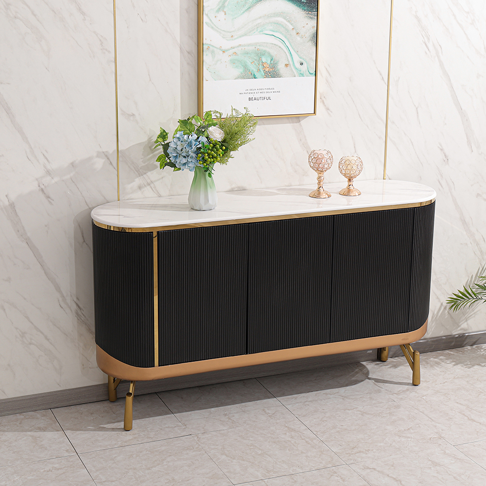 

Minimalist Black Buffet Oval Faux Marble Top Sideboard 5 Doors & Shelves