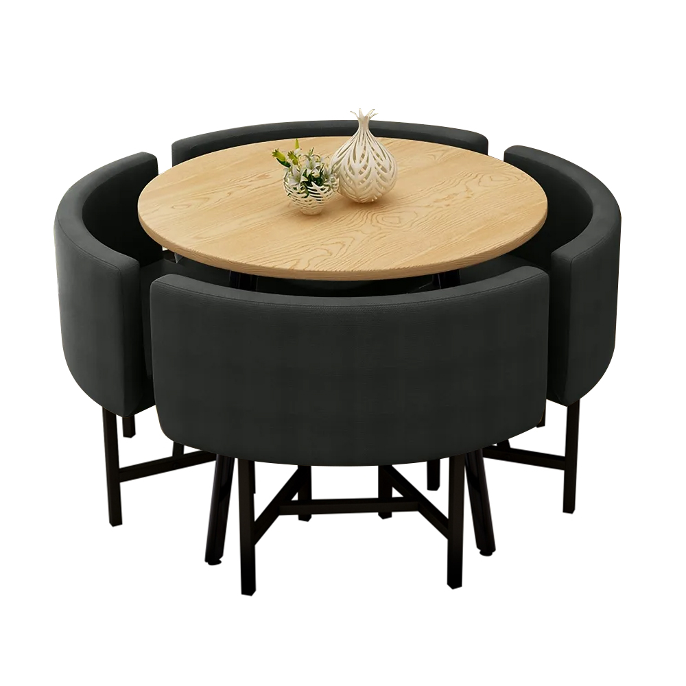Petite table de salle à manger gigogne ronde en bois de 1000 mm pour 4 chaises rembourrées grises