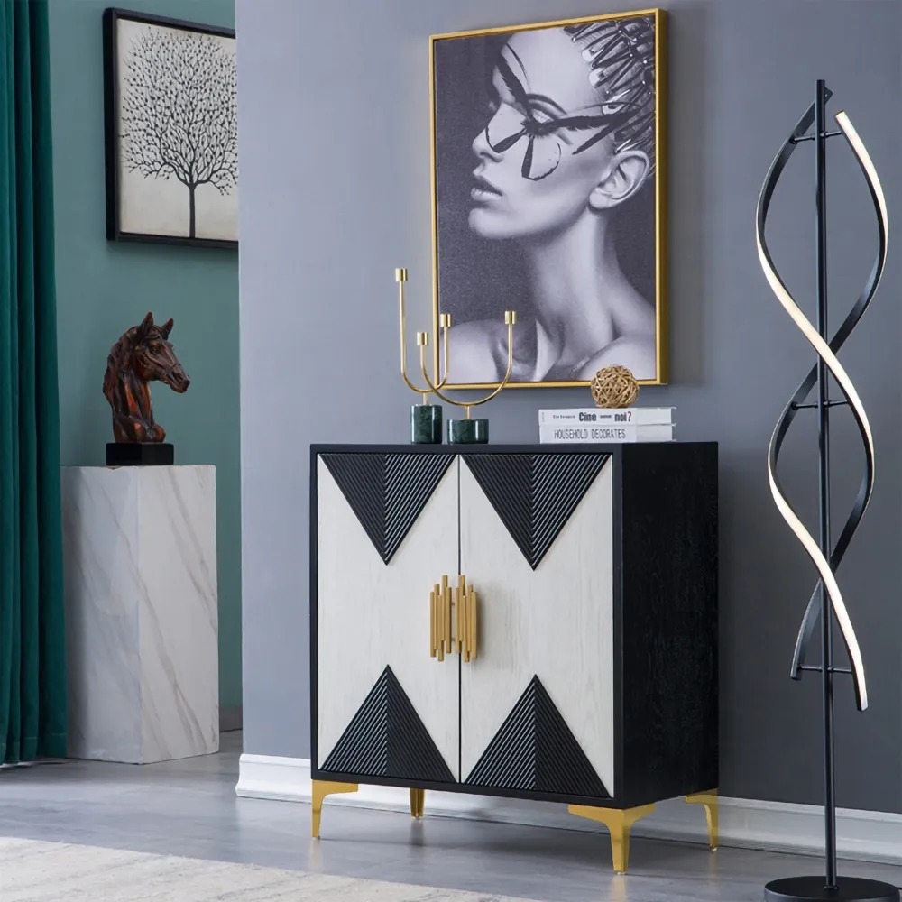 Wovuna Black & White Sideboard Buffet 2 Doors & 3 Shelves Accent Cabinet Gold in Small