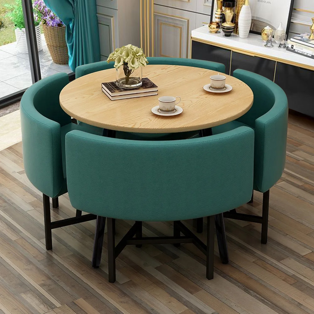 Juego de mesa de comedor redonda de madera de 40 «para 4 sillas tapizadas verdes
