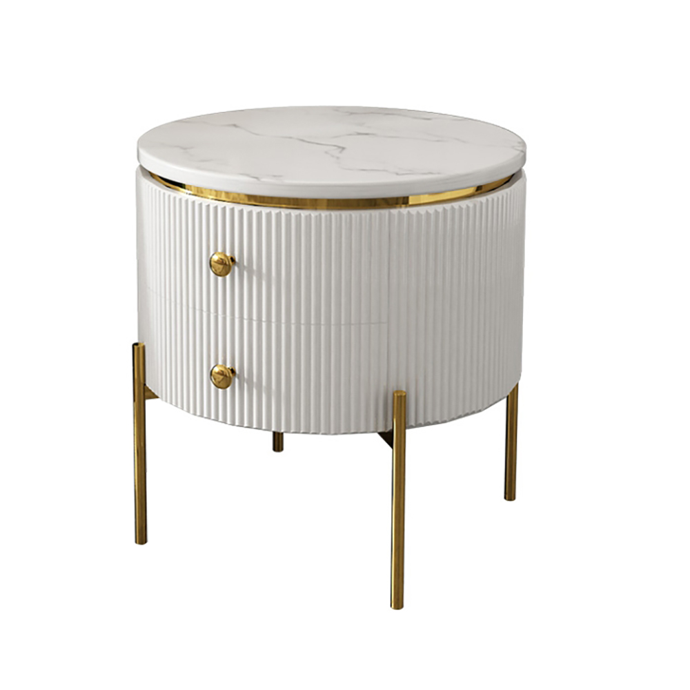 Yelly Modern Round End Table With Storage Drawers White Faux Marble Side Table Gold Legs