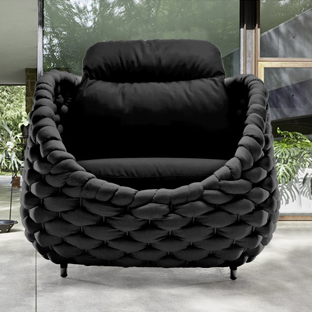 

Textilene Rope Woven Outdoor Accent Chair with Removable Cushion, Black