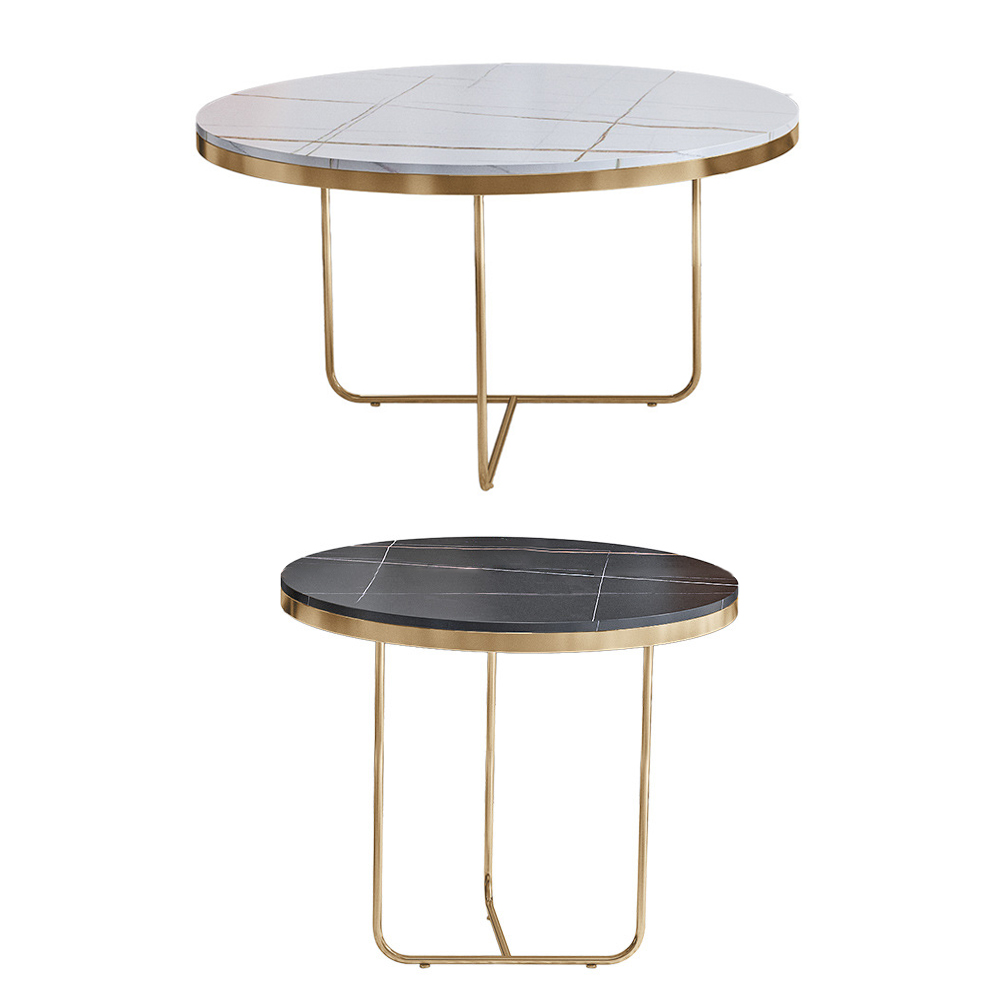 Ensemble de table basse gigogne moderne 2 pièces avec dessus en pierre noire et blanche avec base dorée