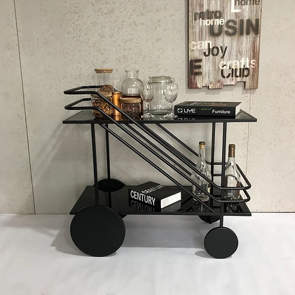 600mm 2-Tier Rolling Bar Serving Cart Tempered Glass Black for Kitchen in Small