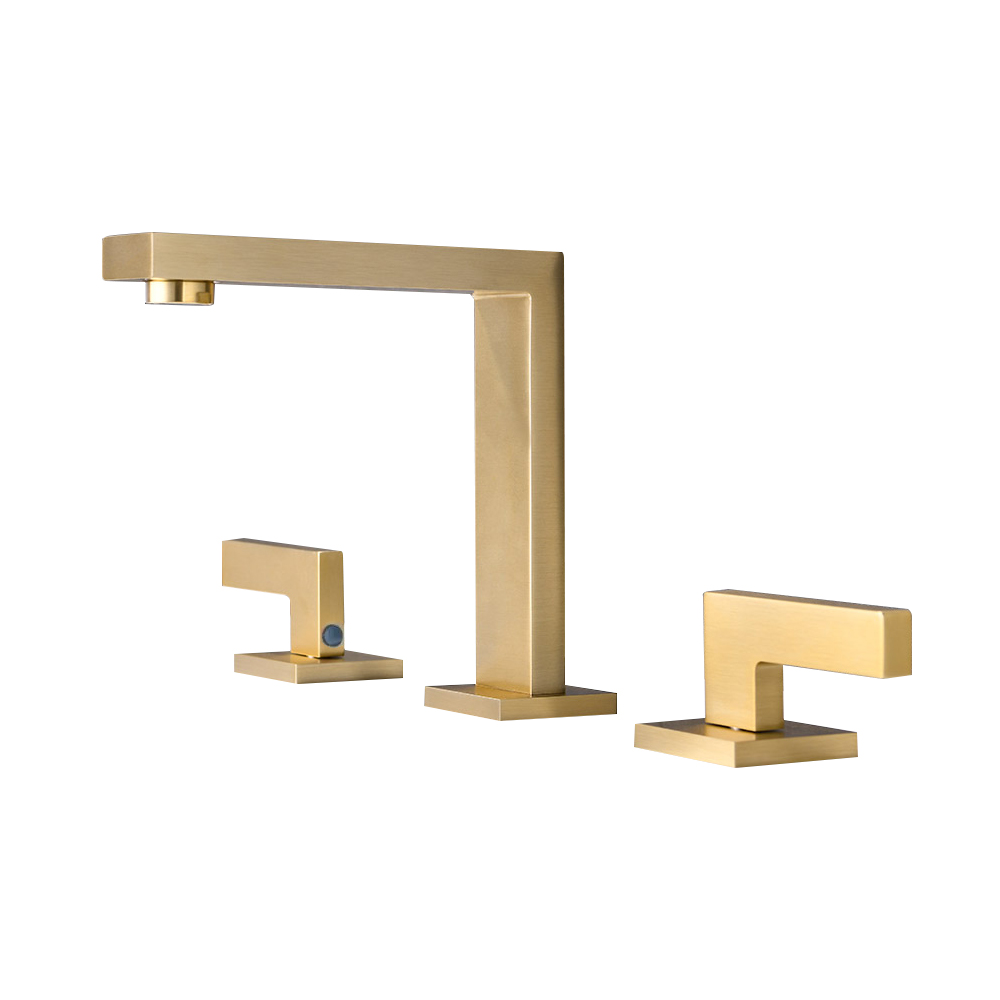3 Holes Brushed Gold Bathroom Basin Tap Dual Handle Solid Brass