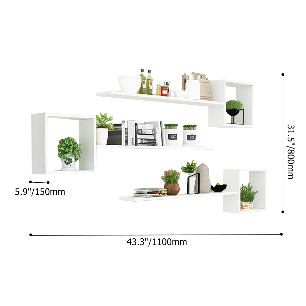 Modern Cube Floating Shelves for Study in White & Black Set of 3Homary