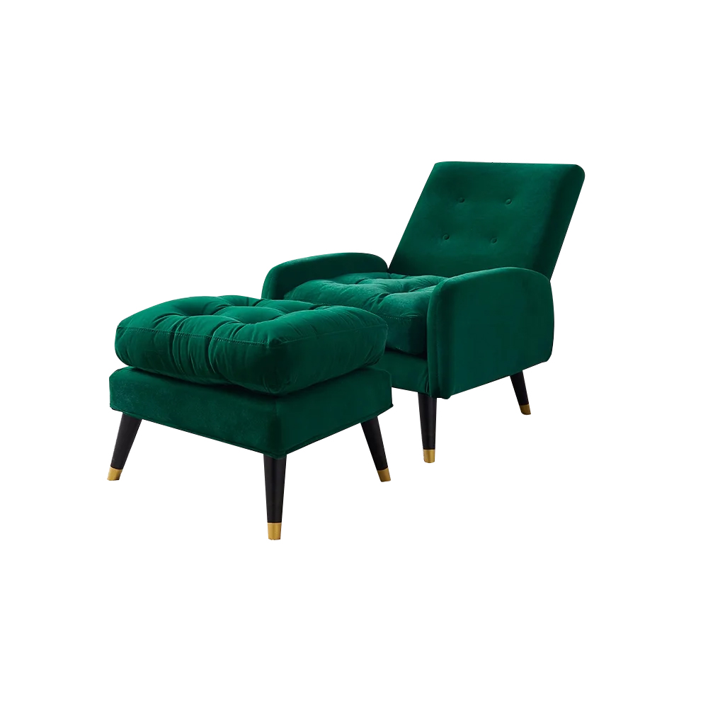 Green Velvet Upholstered Chaise Lounge Chair with Ottoman & Adjustable Back