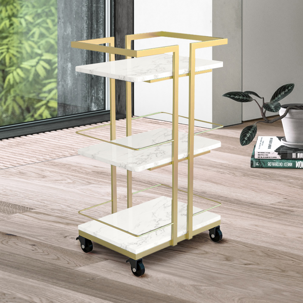 

3-Tier Rectangular Rolling Bar Cart with Wheels Gold White Marble Shelves