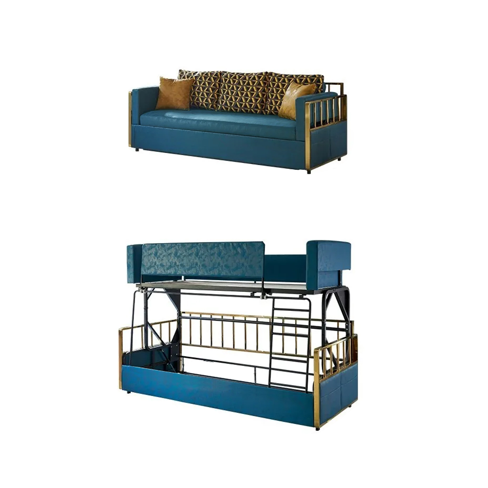 Modern Wood Bunk Bed Sleeper Convertible Sofa Bed 3-Seater Pillows Included