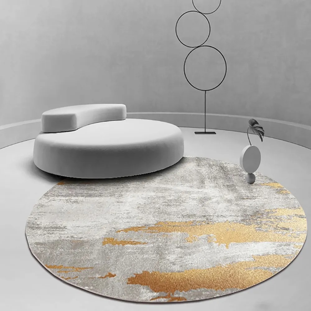 Modern Gray and Gold Abstract Round Velvet  Indoor Area Rug 4' x 4'