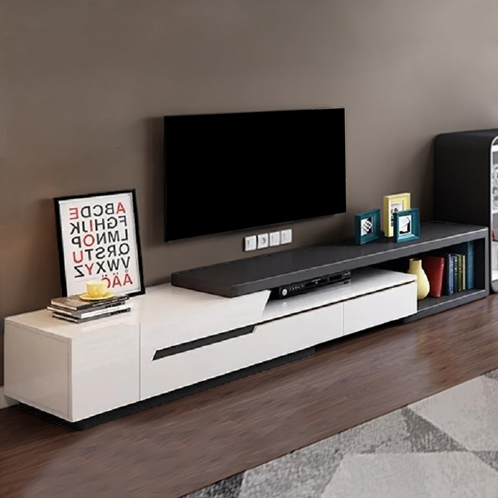 Modern Extendable TV Stand Entertainment Cabinet with Storage & Bookshelf & Drawer