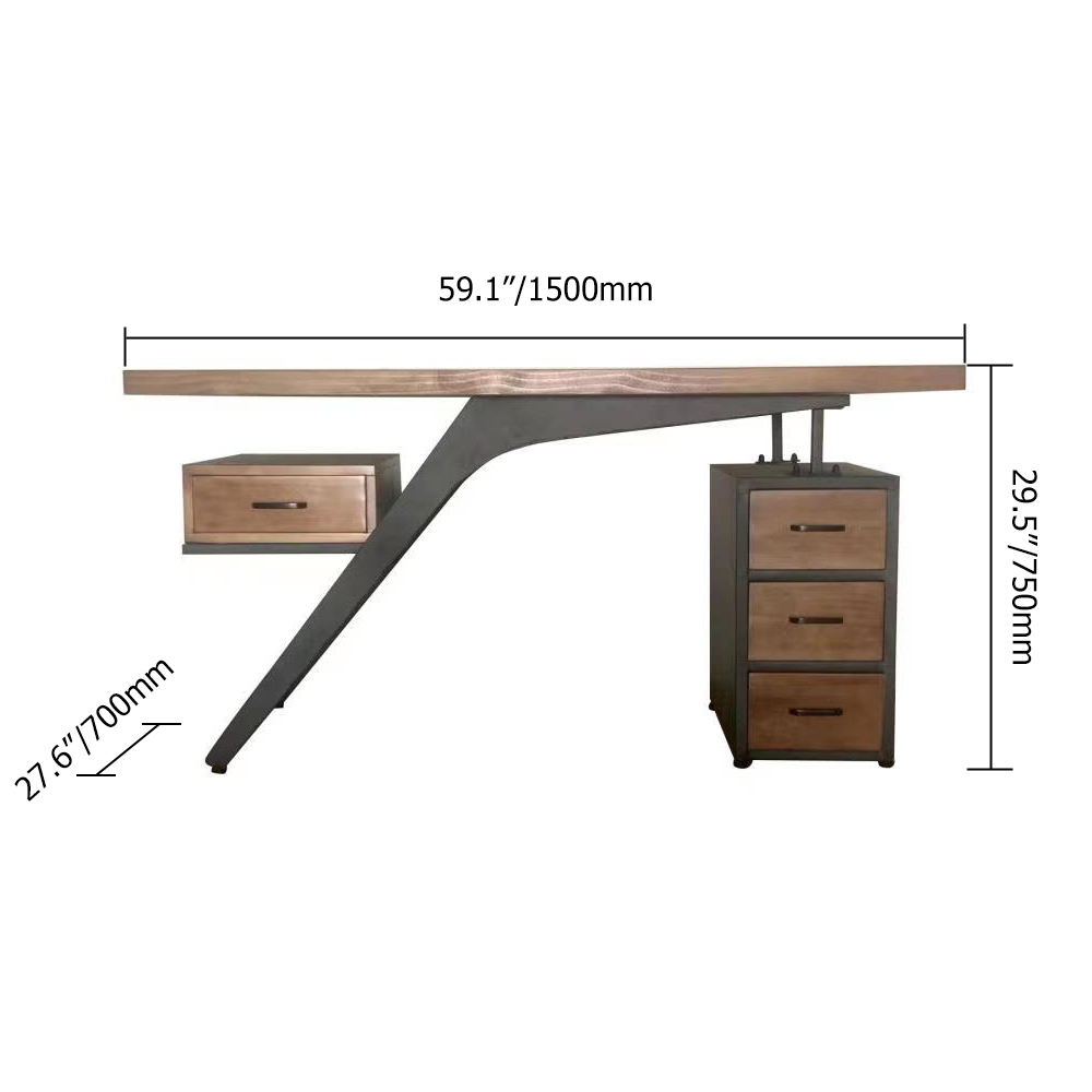 59" Pine Wood Office Desk Writing Desk with 4 Drawers in Black Metal Legs