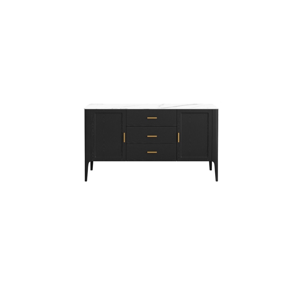Modern Black Stone Top Buffet Drawers & Doors Kitchen Cabinet Gold Pull in Small