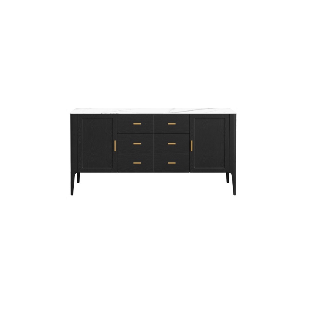 Modern Black Stone Top Buffet Drawers & 2 Doors Kitchen Cabinet Gold Pull in Large