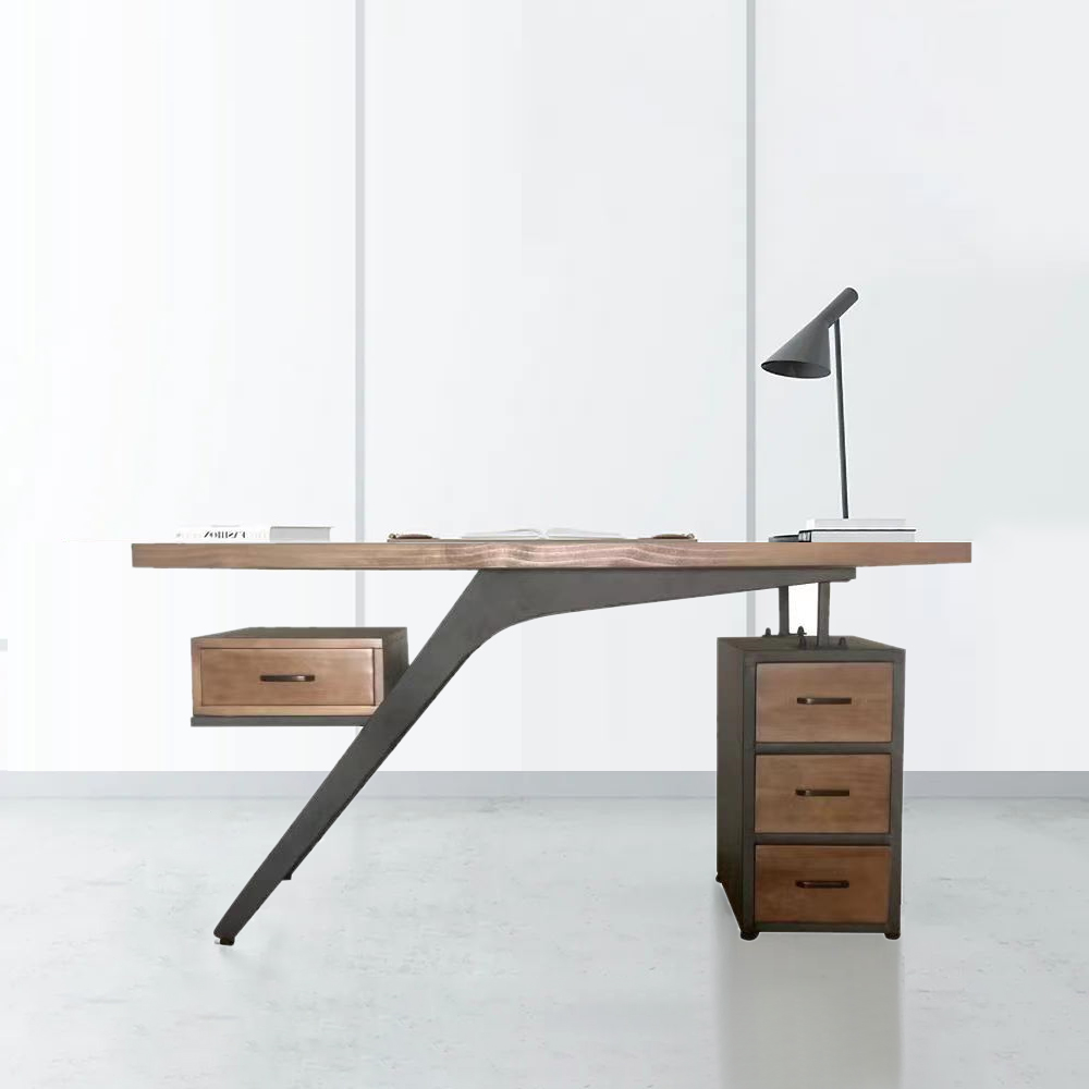 1500mm Pine Wood Office Desk Writing Desk with 4 Drawers in Black Metal Legs
