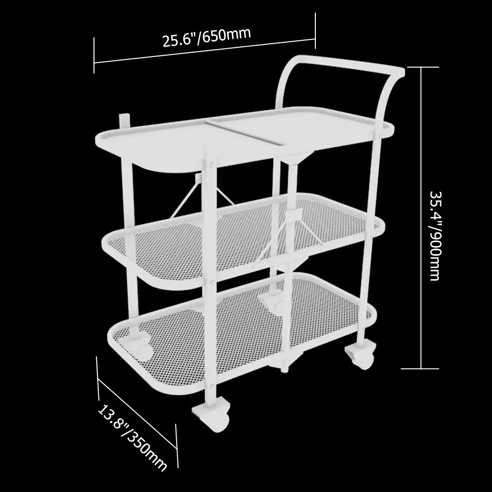 White Foldable Bar Cart 3-Tier 25.2" Rolling Serving Cart with Handle