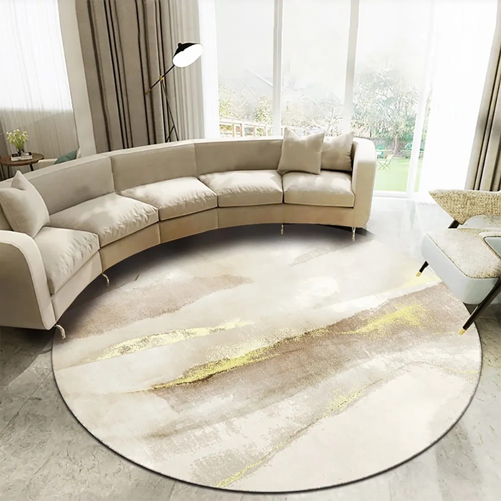 Modern Gray and Gold Abstract Round Velvet  Indoor Area Rug 4' x 4'