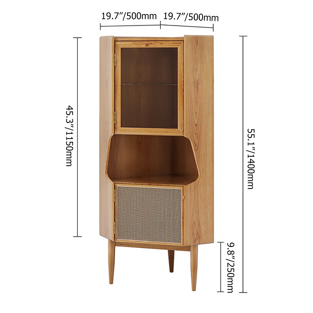 Nordic Natural Corner Cabinet 2-Door Bar Cabinet with Hutch & Shelf Rattan Woven