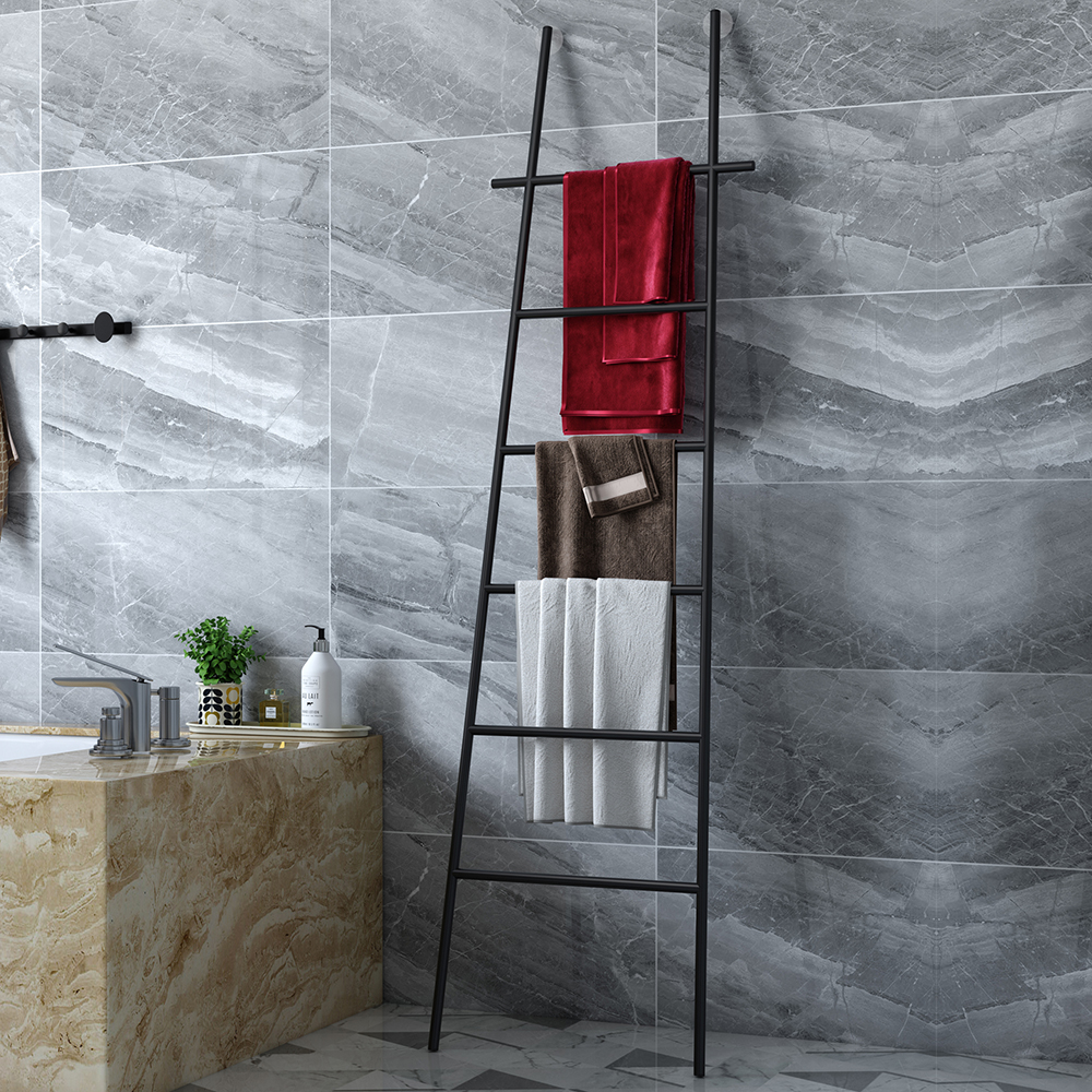 Image of Black Modern Freestanding Bath Ladder Storage Towel Rack