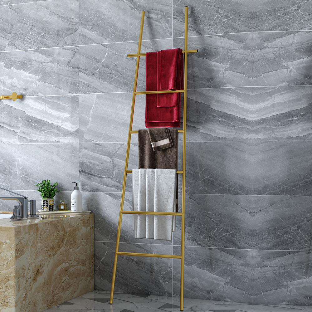 Image of Gold Modern Freestanding Bath Ladder Storage Towel Rack