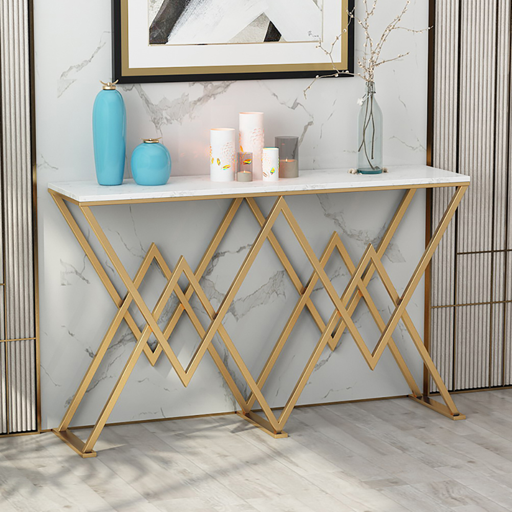Modern White Narrow Console Table With Marble Top & Goal Metal Frame