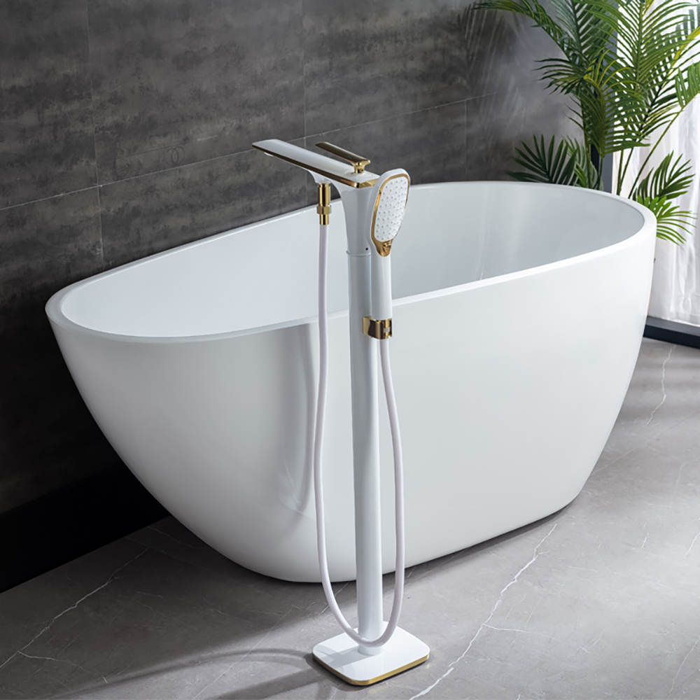 

Contemporary Tub Filler Freestanding Luxury Bathtub Filler Faucet with Handheld Shower, White&gold