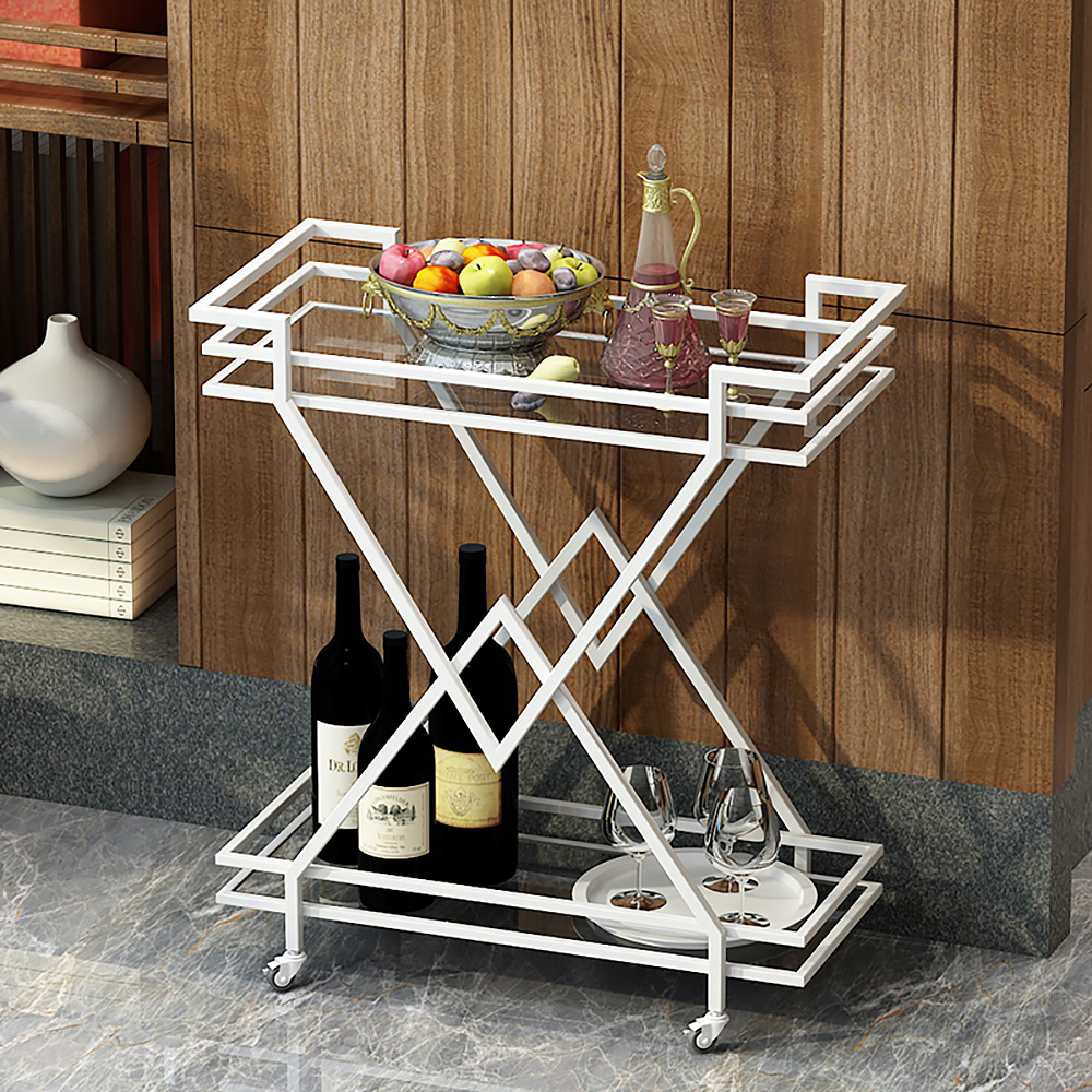 

27.6" 2-Tier Rolling Bar Serving Cart with Handles X-Frame in White