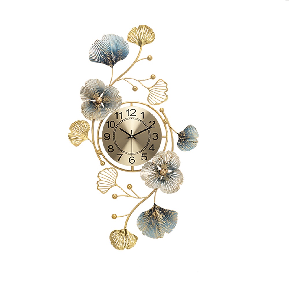3D Large Modern Metal Wall Clock Ginkgo Leaves & Flowers Home Decor Art