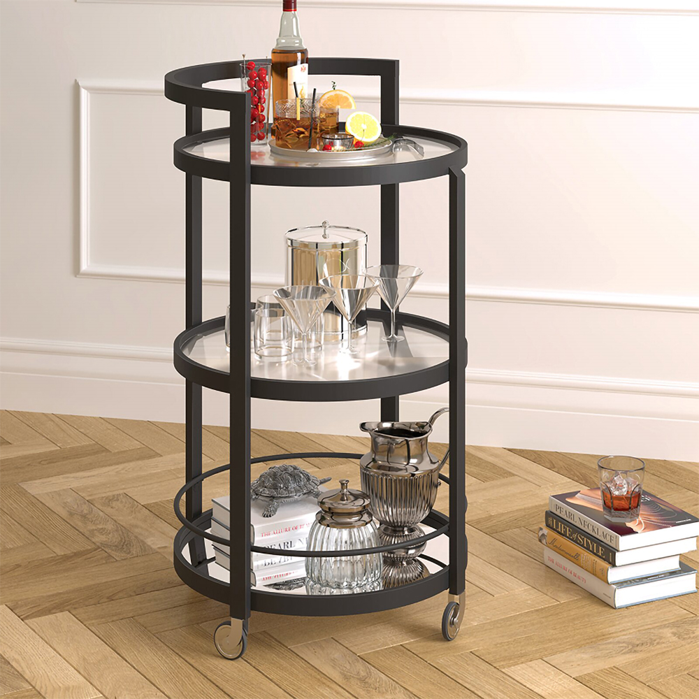 

Black Modern Round Bar Cart on Wheels 3 Tiers Glass and Metal