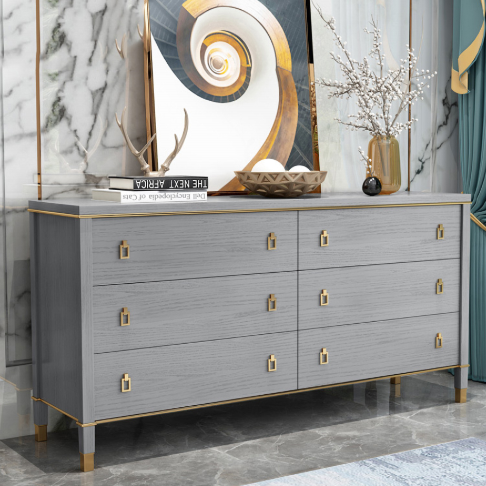 Minimalist Gray Dresser Chest of 6 Drawers Cabinet in Gold