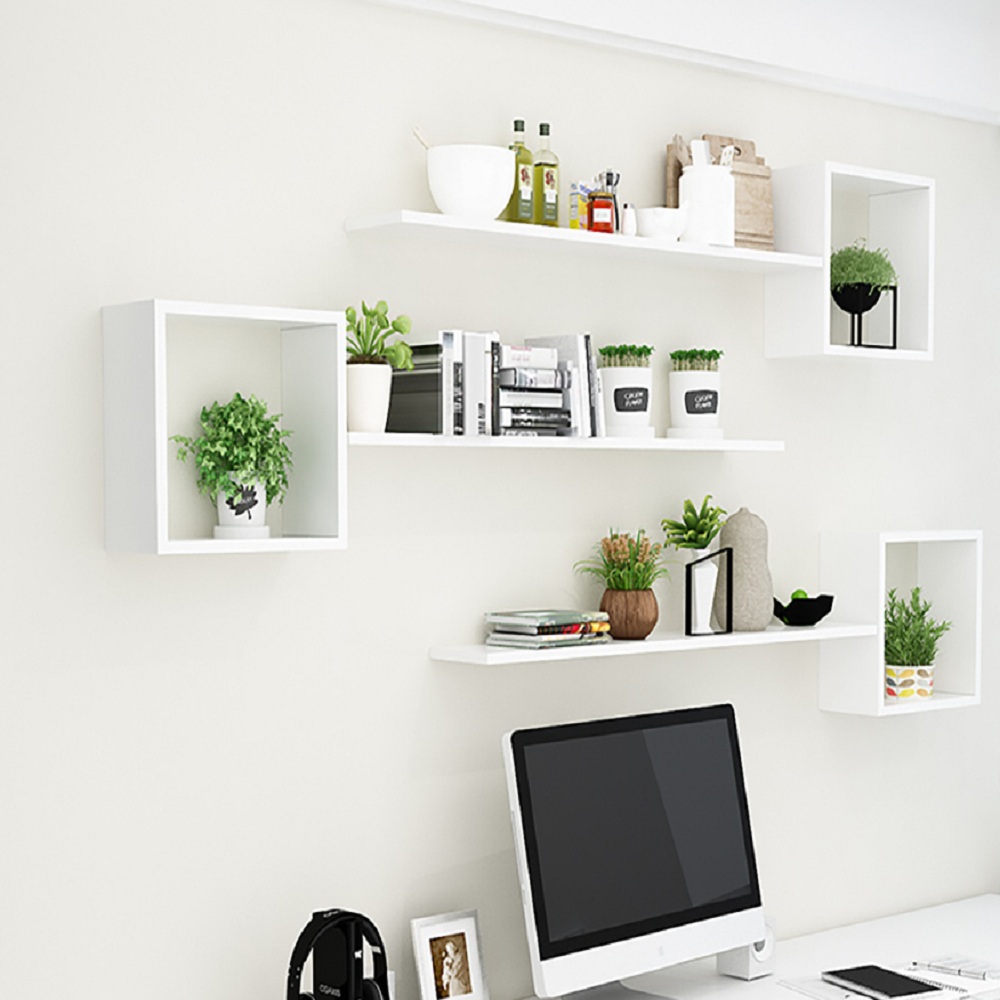 Белые полки на стену в интерьере Modern Cube Floating Shelves for Study in White & Black Set of 3, арт. 18253, це