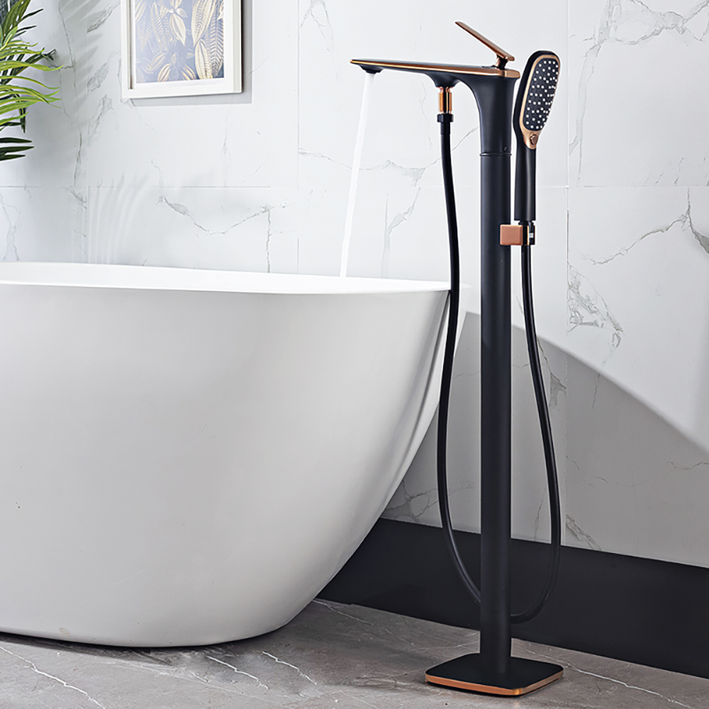 

Contemporary Tub Filler Freestanding Luxury Bathtub Filler Faucet with Handheld Shower, Black&gold