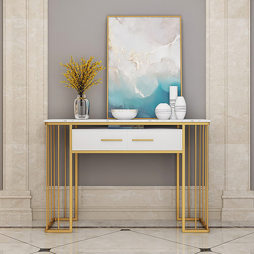 White Modern Console Table With Storage Marble Top & Metal Frame