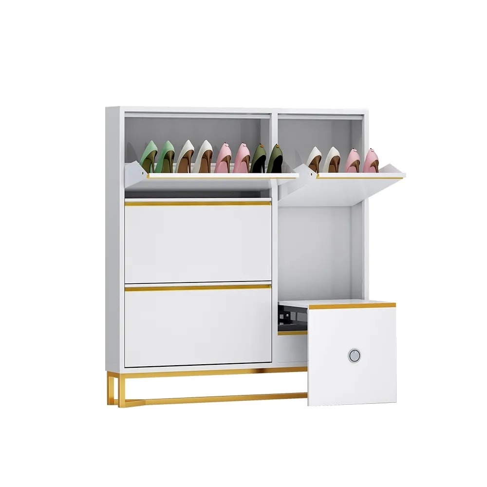 White Narrow Standing Shoe Storage Cabinet with Foldable Bench 14-Pair Shoe 150mm Depth