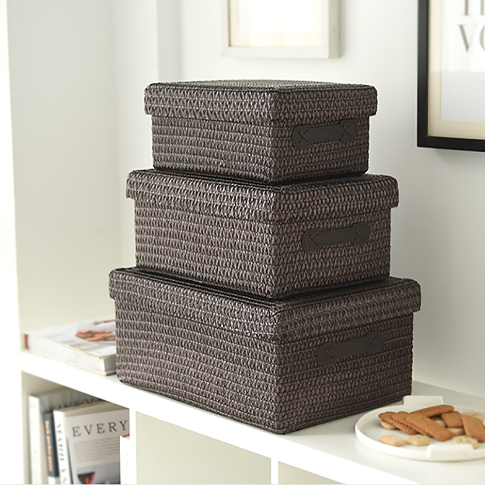 Brown Rustic Rattan Storage Box With Cover Set Of 3