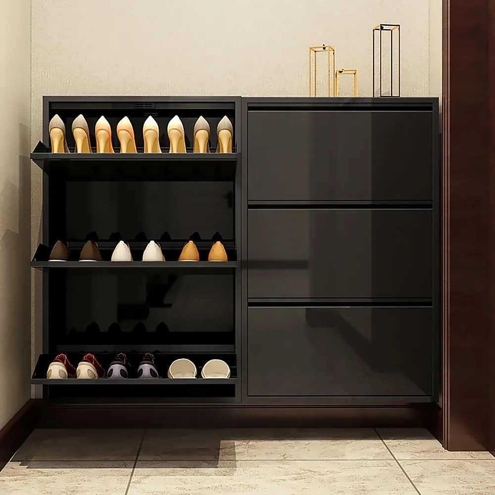 Image of Black Narrow Shoe Storage Cabinet Wall Mounted in Large