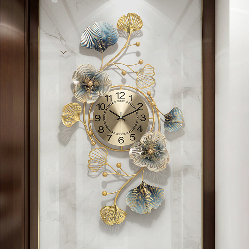 3D Large Modern Metal Wall Clock Ginkgo Leaves & Flowers Home Decor Art