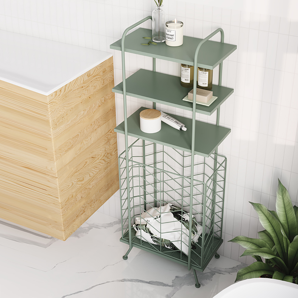 

Light Green Bathroom Freestanding Storage Shelves with Clothes Basket